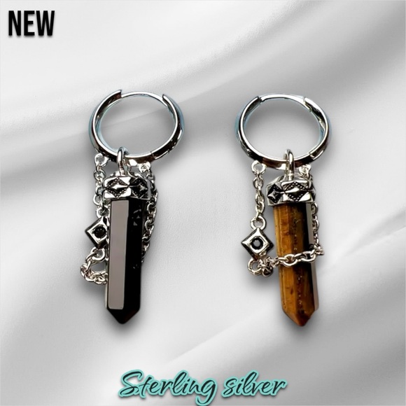 New .925 Sterling Silver Tiger's Eye Stone Hoop Earrings - Picture 4 of 6